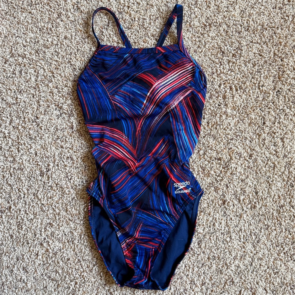 Speedo Endurance Red, White & Blue One Piece Racerback Swimsuit Sz 4 (30) EUC